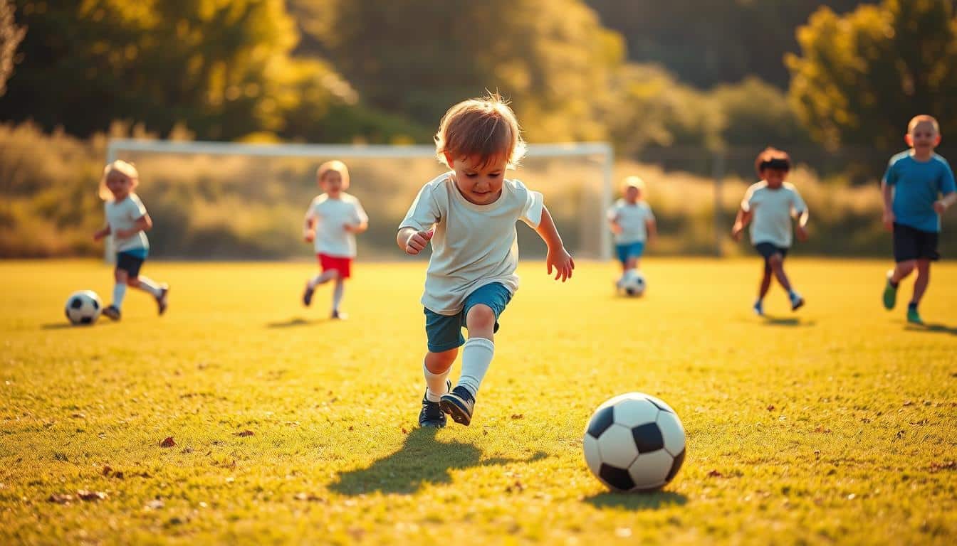 A hyper-realistic photo of a vibrant toddler soccer practice session. In the foreground, a young child dribbles a soccer ball, their concentrated expression and nimble footwork showcasing their burgeoning motor skills. In the middle ground, several other toddlers engage in various drills, their movements fluid and coordinated. The background features a lush, verdant soccer field, bathed in warm, golden sunlight that creates a sense of energy and vitality. The scene is captured with a shallow depth of field, drawing the viewer's eye to the central action and highlighting the children's dynamic physicality. The overall atmosphere is one of joyful learning, as the toddlers explore the fundamental movements and strategies of the beautiful game.