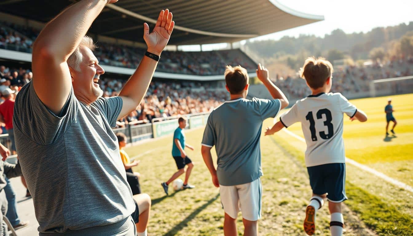 A lively and uplifting sideline scene, showcasing a parent enthusiastically cheering on their child during a soccer match. The foreground captures the parent's animated body language, arms raised high in encouragement, their face beaming with pride. The middle ground features the young soccer player, their focus intense as they navigate the field, fueled by the positive energy radiating from the sidelines. The background depicts a sun-dappled soccer pitch, with players in motion and spectators dotting the bleachers, creating a vibrant and immersive atmosphere. Bright, natural lighting bathes the scene, lending a warm, hyper-realistic photographic quality. The overall mood is one of unbridled joy, support, and the cherished bond between parent and child on the soccer field.