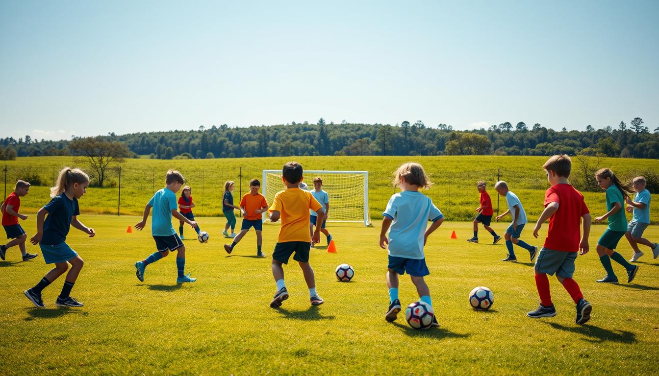 A vibrant and dynamic soccer field, with a diverse group of children engaged in age-appropriate drills. The foreground features kids of varying ages, each focused on a specific skill-building exercise, such as passing, dribbling, and shooting. The middle ground showcases a mix of cones, goals, and other training equipment, creating a structured and engaging environment. The background depicts a lush, green landscape with a clear, blue sky, bathed in warm, natural lighting that casts subtle shadows and highlights the enthusiastic movements of the young players. The overall scene conveys a sense of fun, learning, and physical development, perfectly suited for the "Adapting Games for Various Ages" section of the article.