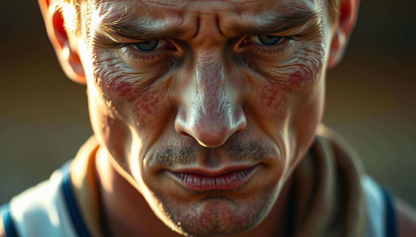 A close-up, hyper-realistic photo of a dehydrated athlete showing the classic symptoms - dry, cracked lips, sunken eyes, and a pale, dull complexion. The subject is depicted in warm, natural lighting, creating a sense of urgency and concern. The image focuses on the face, with the athlete's expression conveying discomfort and fatigue. The background is slightly blurred, emphasizing the subject and drawing the viewer's attention to the clear signs of dehydration. The overall mood is one of worry and the need for immediate hydration intervention.