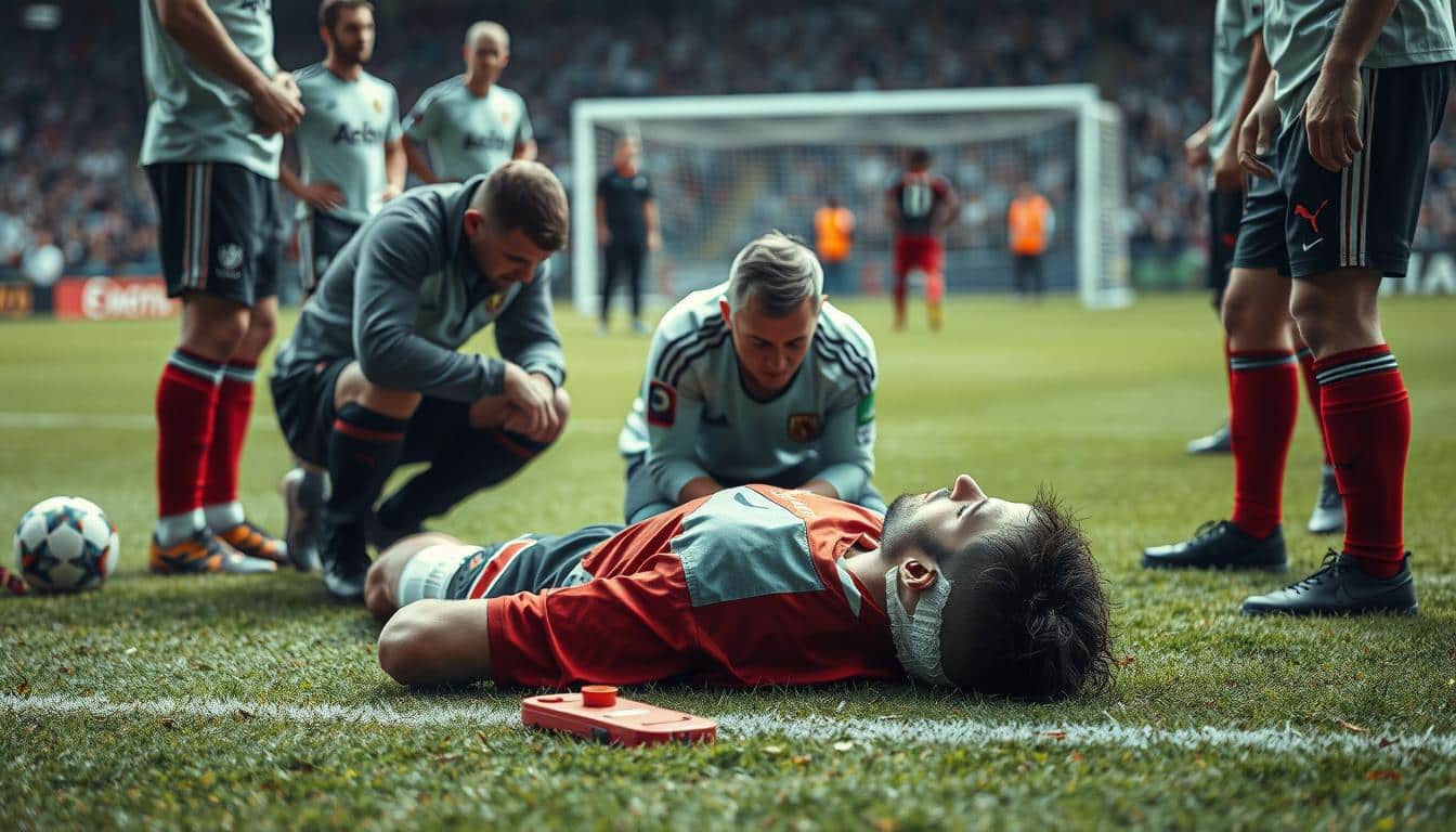 A detailed, hyper-realistic photograph of a first aid situation for a head injury sustained during a soccer match. The foreground shows the injured player lying on the field, with a concerned coach or team medic kneeling beside them, administering care. The player's head is bandaged, and they appear disoriented. In the middle ground, other players and officials gather around, observing the situation with concern. The background depicts the soccer field, with the goal posts and spectators visible in the distance, creating a sense of the larger sporting context. The lighting is natural, with soft shadows and highlights accentuating the details. The camera angle is low, capturing the scene from an angle that conveys the urgency and importance of the moment.