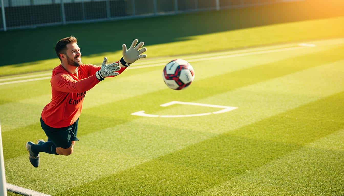 A goalkeeper confidently catching a ball during an intense training session, with a perfectly timed leap and outstretched arms. The action is captured in crisp detail, the player's expression focused and determined, the ball spinning as it makes contact with their gloves. In the background, a meticulously rendered soccer field stretches out, complete with neatly trimmed grass and clear white lines. Bright, directional lighting casts dramatic shadows, heightening the drama and intensity of the moment. The overall scene conveys a sense of dedication, skill, and unwavering confidence that is essential for a top-level goalkeeper.