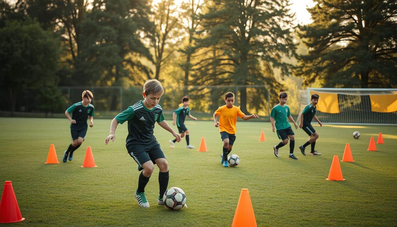 A group of young soccer players intensely focusing on ball control drills in a well-lit, lush green training ground. In the foreground, a player skillfully dribbles the ball, their face determined as they weave through cones. In the middle ground, teammates pass and receive the ball, their movements fluid and coordinated. The background features a backdrop of towering trees, casting a warm, golden glow over the scene. The overall atmosphere is one of focused determination, youthful energy, and the joy of honing individual ball control skills.