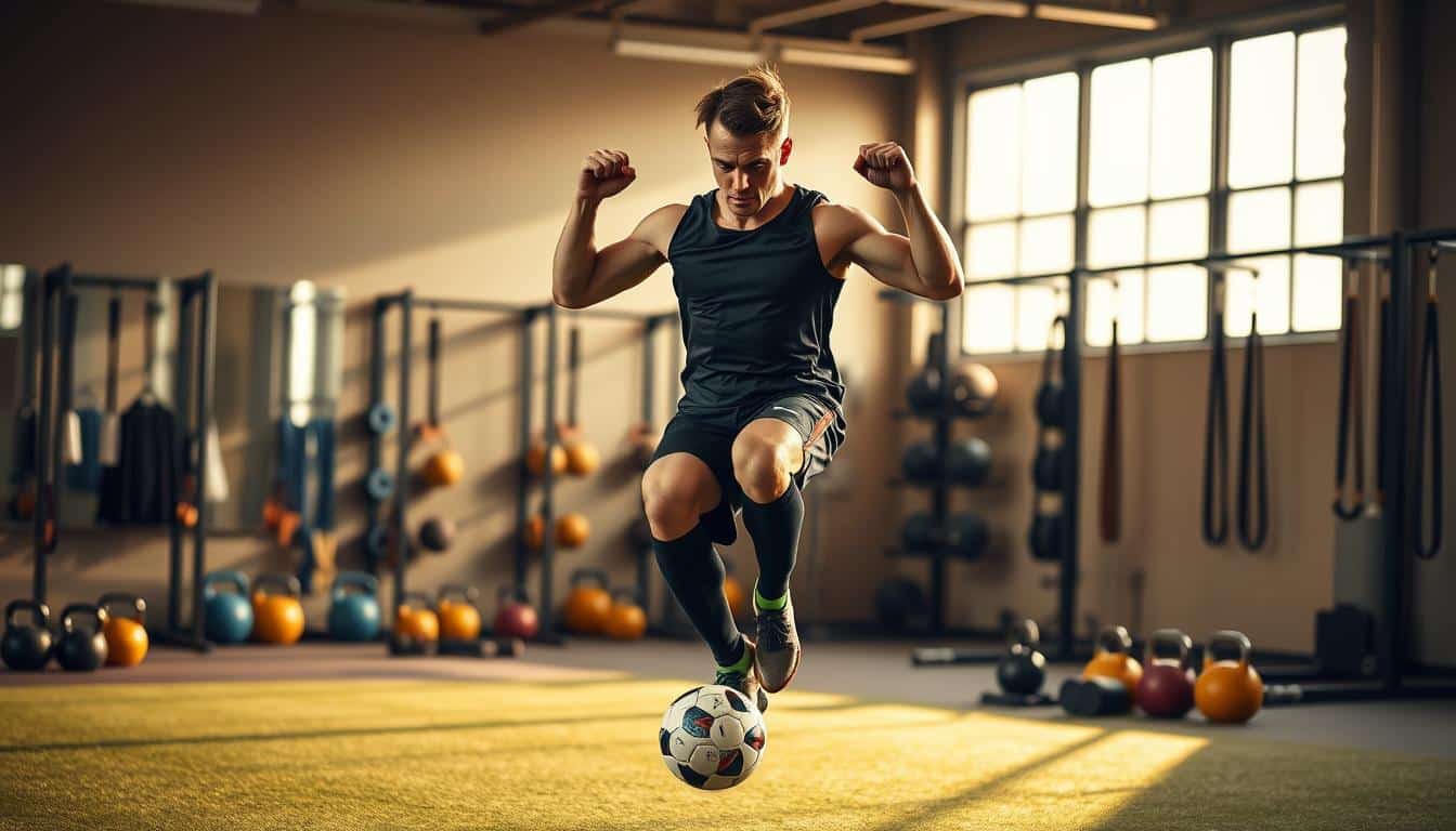 A high-intensity soccer player performing dynamic neuromuscular training exercises in a state-of-the-art sports training facility. In the foreground, the athlete is executing a series of plyometric jumps, their muscles tensing with power and precision. The middle ground features an array of resistance training equipment, including kettlebells, medicine balls, and suspension straps, creating a comprehensive training environment. The background is bathed in warm, directional lighting, casting dramatic shadows and highlighting the athlete's focused determination. The overall scene conveys the rigor and intensity of neuromuscular training, perfectly suited to illustrate the development of soccer-specific motor skills.