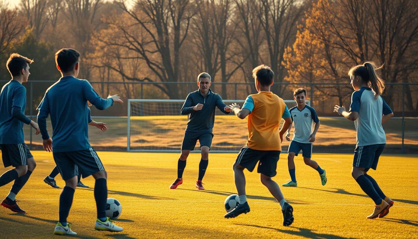 A hyper-realistic photo of a balanced soccer training routine. In the foreground, a group of young players engage in dynamic drills, their bodies in motion as they pass, dribble, and shoot. The middle ground showcases a coach leading the session, their hands gesturing with purposeful instruction. In the background, a well-maintained soccer pitch bathed in warm, golden light, creating a serene and focused atmosphere. The players' expressions are determined, their movements coordinated, reflecting the comprehensive nature of this training routine designed to develop their technical, tactical, and physical skills in a harmonious manner.