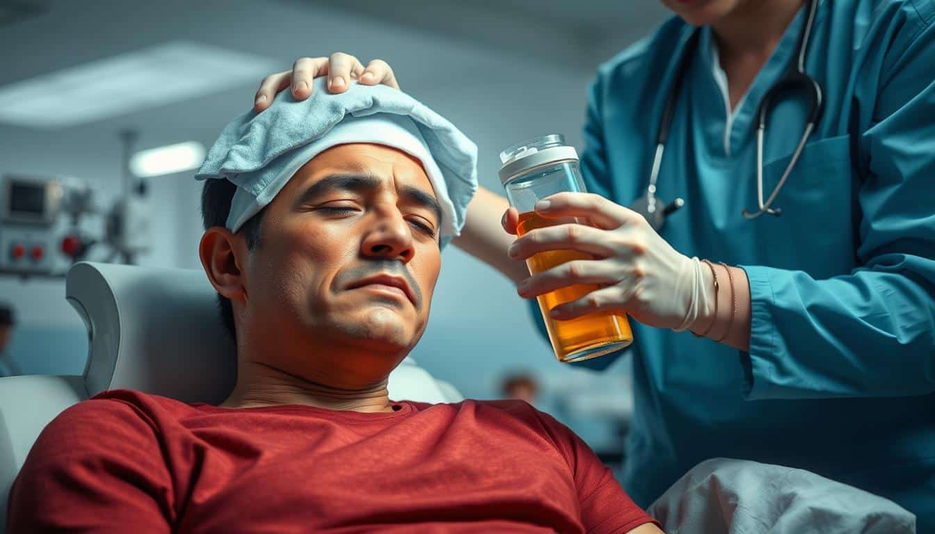 A hyper-realistic photo of a person receiving treatment for heat exhaustion. The subject is sitting down, their face flushed and sweating profusely. They are being tended to by a healthcare professional, who is applying a cold compress to their forehead and providing them with electrolyte-rich fluids. The background is a clean, well-lit medical setting, with the temperature and humidity levels visibly low. The lighting is soft and natural, highlighting the details of the scene and conveying a sense of calm and care. The composition is balanced, with the subject and the healthcare worker occupying the center of the frame, surrounded by the necessary medical equipment and supplies.