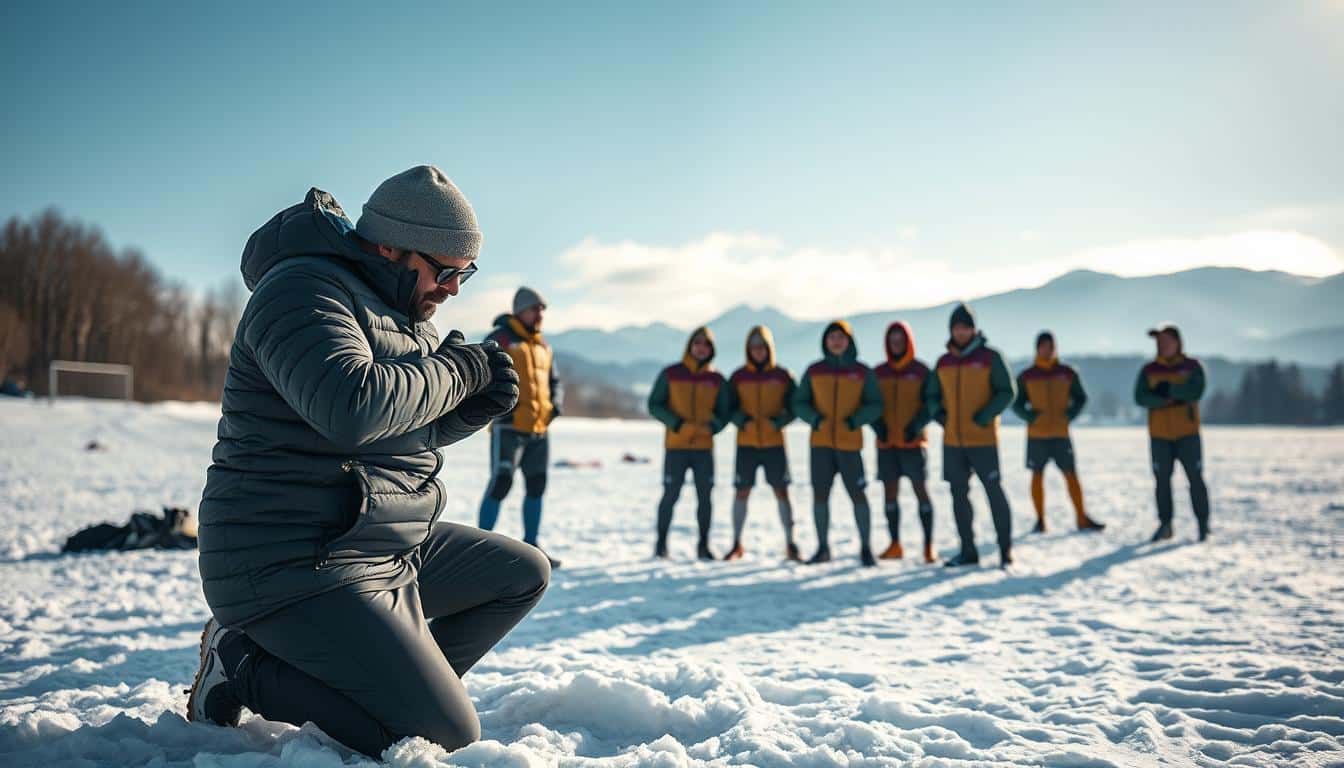 A hyper-realistic photo of a soccer coach demonstrating proper cold weather safety practices to their team on a snowy field. The coach is kneeling down, adjusting a player's cold weather gear and explaining the importance of layering and insulation. In the middle ground, the rest of the team is gathered around, listening intently. In the background, a wintry landscape with bare trees and snowcapped mountains. The lighting is natural, with soft shadows and highlights, creating a sense of warmth and togetherness amidst the cold. The overall mood is one of care, attention, and a shared commitment to player safety.