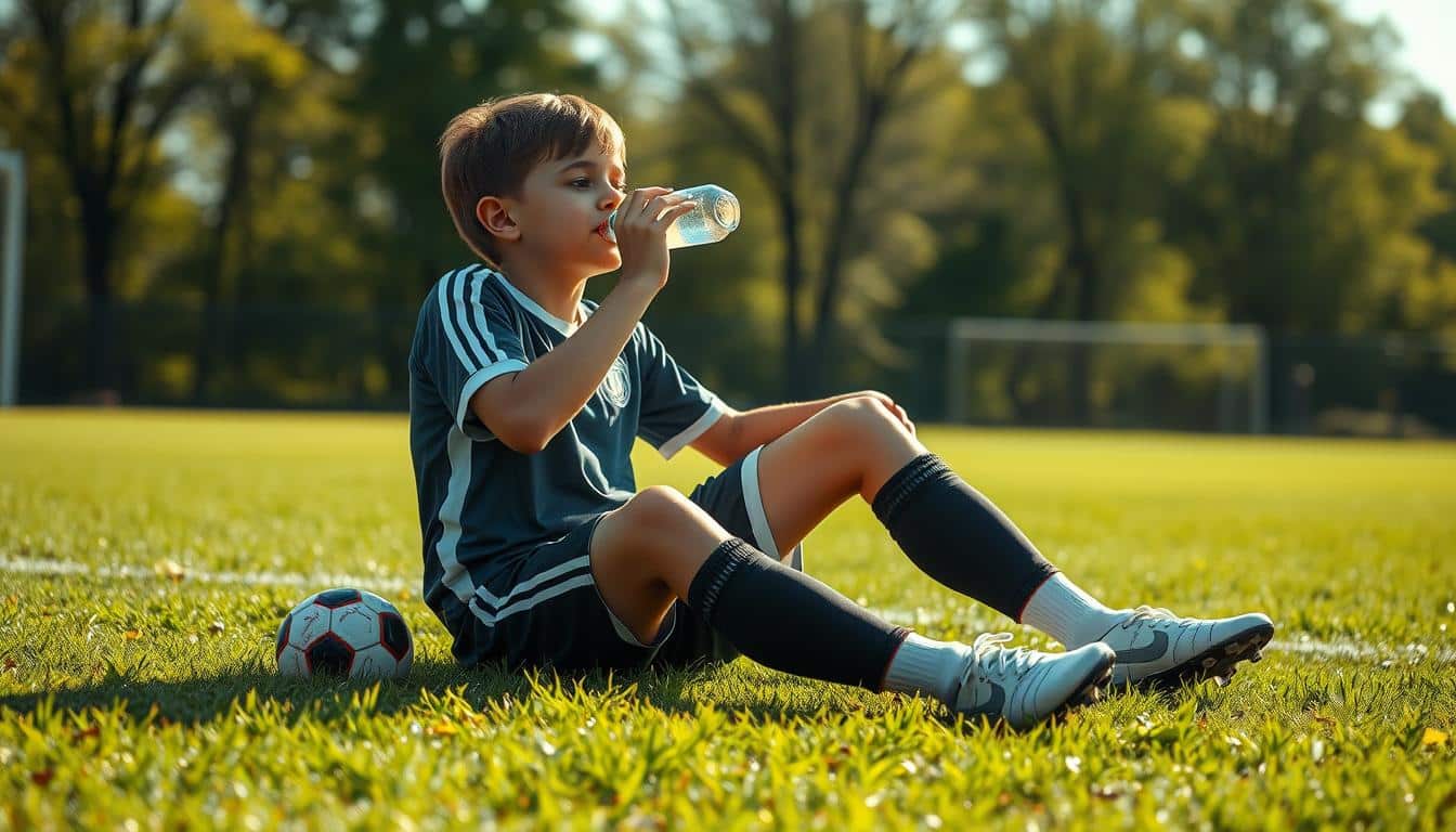 A hyper-realistic photo of a young soccer player sitting on a field, hydrating with a water bottle and eating a healthy snack. The player is wearing a soccer jersey, shorts, and cleats. The field is lush and green, with sunlight filtering through the trees in the background. The scene conveys the importance of proper hydration and nutrition for young athletes training in hot weather, with a focus on replenishing fluids and fueling the body for optimal performance.