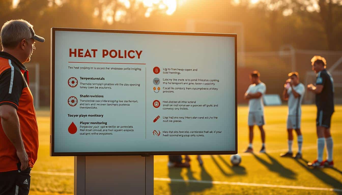 A hyper-realistic photo showcasing soccer heat policy guidelines. In the foreground, a well-designed infographic lays out key elements of the heat policy: temperature thresholds, hydration requirements, shade provision, and player monitoring. The infographic is displayed on a sleek, modern digital screen, its colors and typography crisp and legible. In the middle ground, coaches and officials discuss the policy, their expressions serious as they review the guidelines. In the background, a soccer field bathed in warm, golden light, players taking a break and hydrating under the watchful eye of staff adhering to the heat safety protocol.