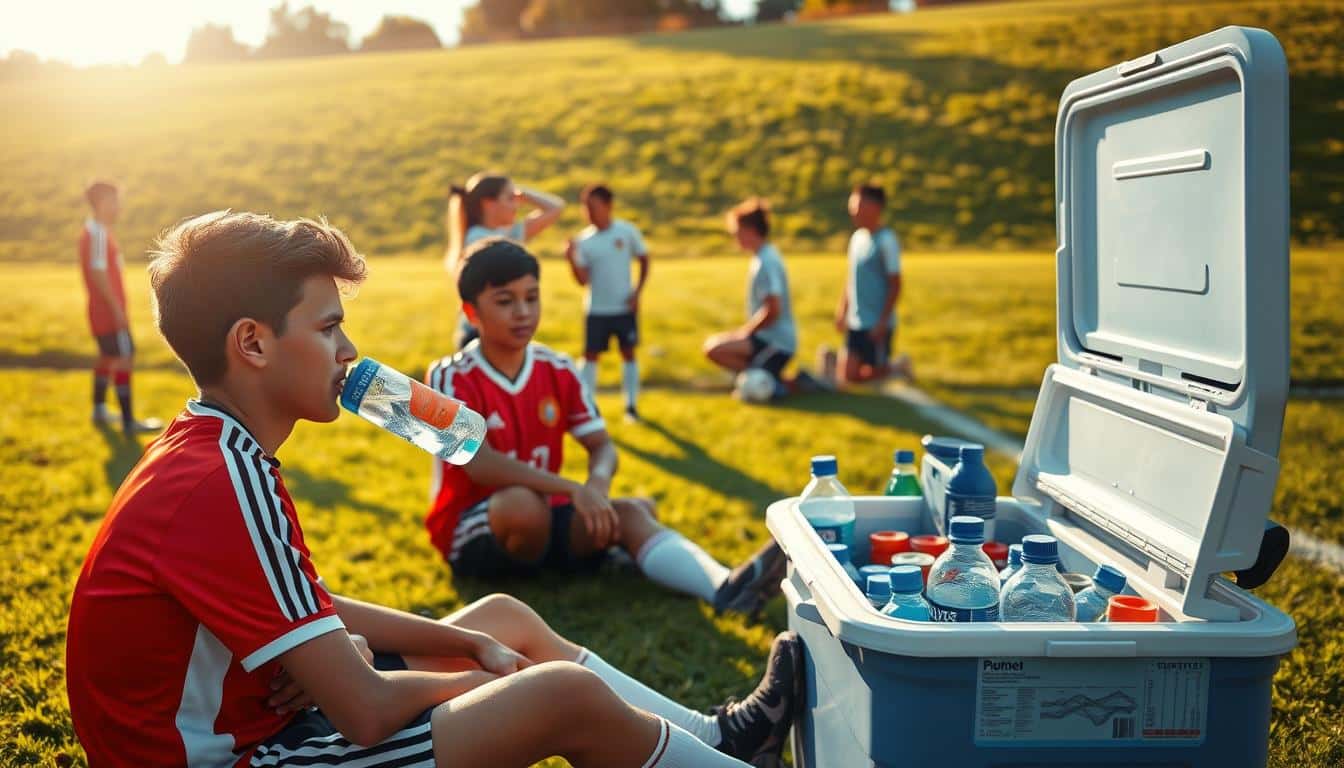 A soccer field on a sunny afternoon, with several young players taking a hydration break. In the foreground, a player sits on the ground, drinking from a water bottle with a focused expression. Behind them, teammates gather around a cooler filled with water and sports drinks, replenishing their fluids. The middle ground features players stretching and chatting, their faces flushed from the exertion. In the background, the lush, green grass of the field is bathed in warm, golden light, creating a sense of tranquility and rejuvenation. The hyper-realistic photo captures the importance of hydration for maintaining concentration and energy during a soccer game.