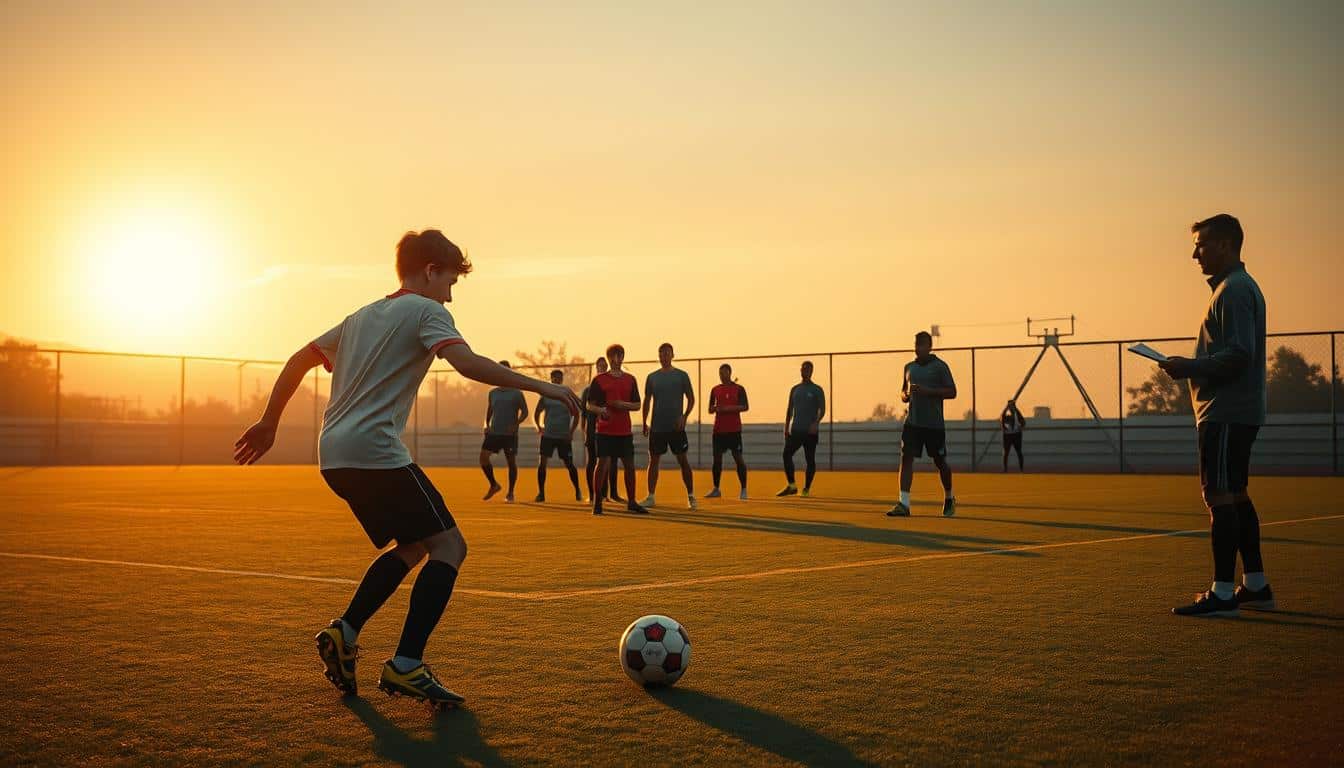 A soccer field under a warm, golden sunset. In the foreground, two young defenders engage in a one-on-one drill, their bodies in dynamic motion as they jockey for position. The middle ground features a group of players practicing defensive positioning and communication, their faces intense with concentration. In the background, a coach observes the session, clipboard in hand, offering guidance and feedback. The scene is bathed in a soft, golden light that casts long shadows, creating a sense of depth and drama. The overall mood is one of focused intensity, as the players hone their defensive skills for the game ahead. Hyper-realistic photo.