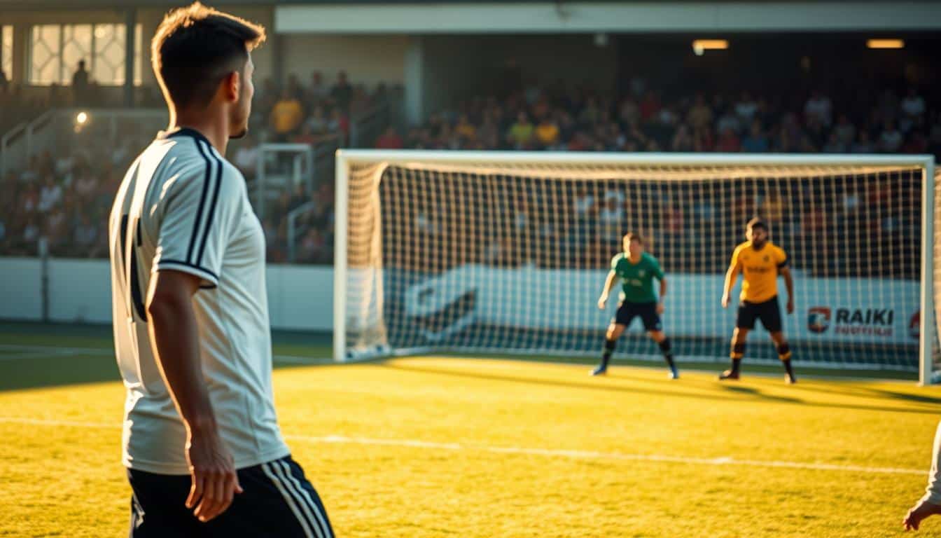 A soccer field with players in various positions, illuminated by warm, natural lighting. In the foreground, a midfielder intently scanning the field, ready to distribute the ball. Behind them, a defender maintaining a strong stance, ready to intercept the play. In the background, a goalkeeper poised to react, their focus unwavering. The scene conveys a sense of responsibility and teamwork, where each player understands their role and works together to achieve victory. The composition is well-balanced, creating a hyper-realistic, immersive visual experience.