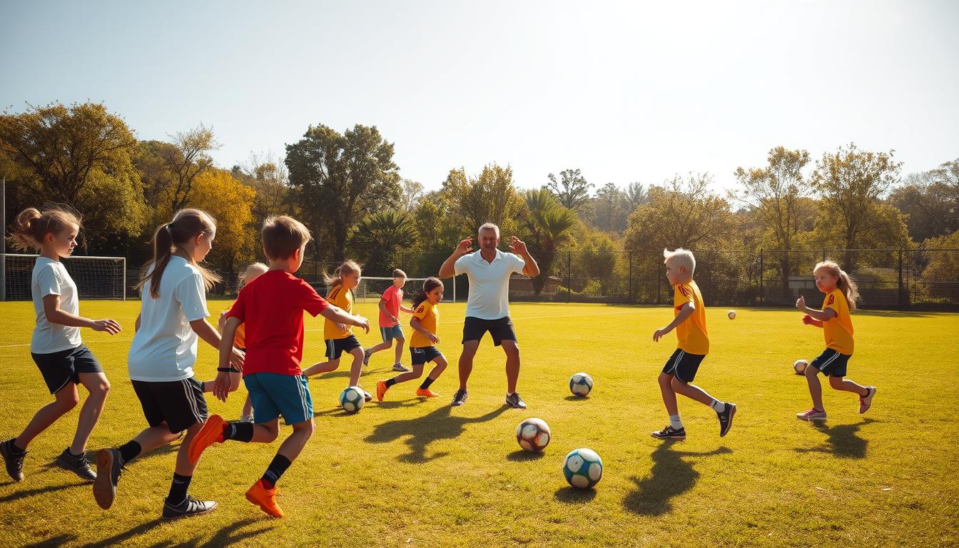 A sun-drenched soccer field, young players engaged in dynamic teamwork drills. In the foreground, a group of children pass the ball back and forth, their faces alight with concentration. In the middle ground, a coach demonstrates a coordinated dribbling exercise, guiding the team's movements with precise gestures. The background features a lush, verdant landscape, trees swaying gently in the warm breeze. The scene is captured with a hyper-realistic photographic quality, showcasing the camaraderie and team-building energy of this engaging soccer practice.