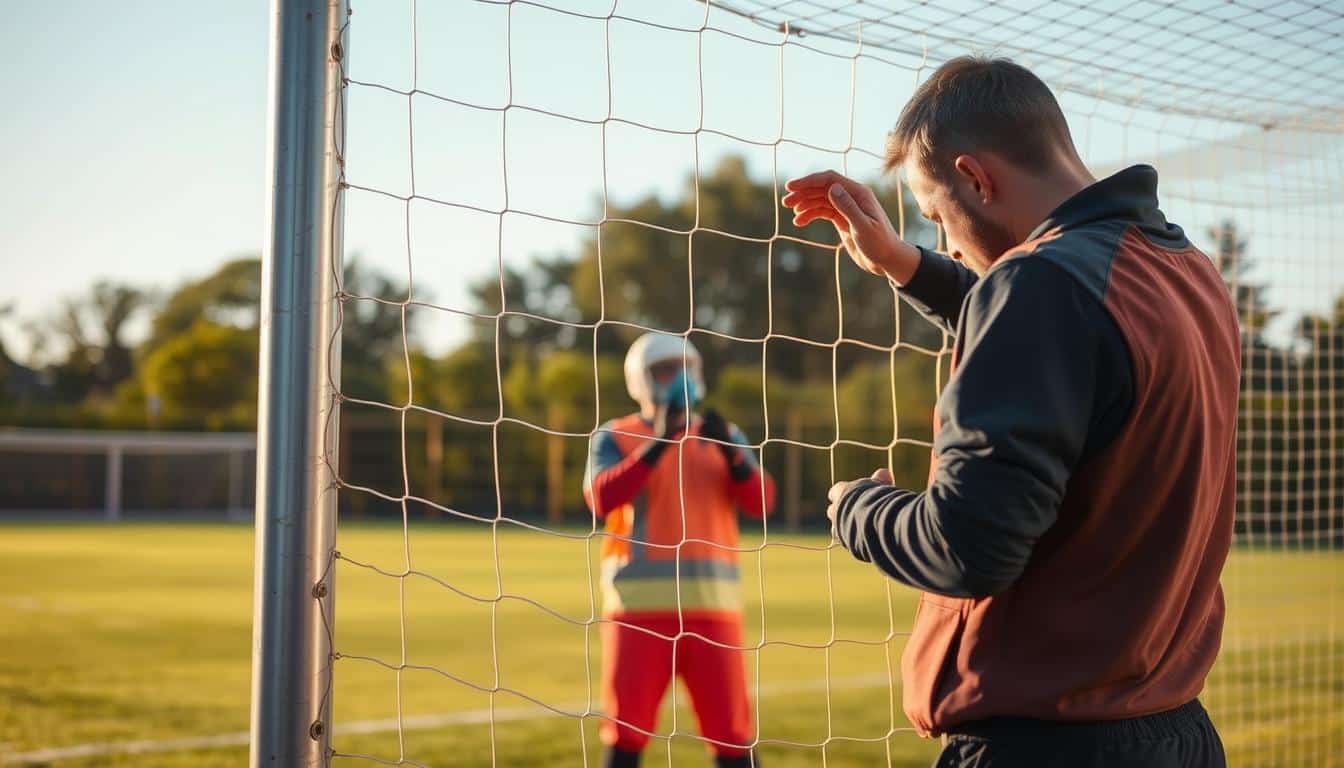 A well-maintained soccer goal stands tall and sturdy, its metallic frame gleaming in the warm afternoon sunlight. In the foreground, a groundskeeper diligently inspects the goal's joints, ensuring they are firmly secured and free of any rust or corrosion. The middle ground showcases the goal's netting, meticulously checked for any rips or tears, ready to capture the perfect shots. In the background, the lush, verdant field extends, inviting players to take the field and test the goal's resilience. The scene conveys a sense of care and attention to detail, crucial for the safe and reliable installation of this essential piece of soccer equipment.