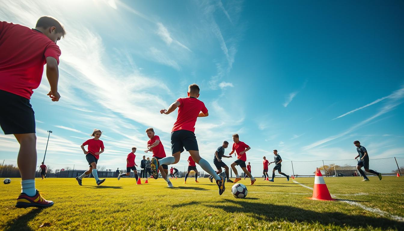 An outdoor soccer field on a sunny day, players performing various agility drills to improve their ability to change direction. The foreground shows a group of young soccer players in uniform, their bodies in dynamic motion as they cut sharply, plant their feet, and accelerate in new directions. The middle ground reveals cones, ladders, and other training equipment scattered across the field, creating a structured environment for the drills. In the background, a vibrant green grass pitch is framed by a clear blue sky with wispy clouds, conveying a sense of energy and athleticism. The lighting is natural and casts long, dynamic shadows that accentuate the players' movements. The overall scene is captured with a wide-angle, high-resolution lens, presenting a hyper-realistic, immersive image of essential soccer agility training.