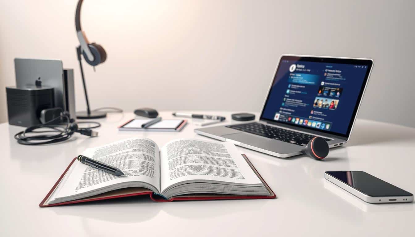 a hyper-realistic photo of a clean, well-lit workspace with a laptop, tablet, and various digital learning resources like e-books, online course materials, and educational apps displayed on a sleek, modern desk. The foreground features an open textbook and a stylus hovering over a digital note-taking app. The middle ground showcases a tidy array of cables, headphones, and other tech accessories. The background subtly fades into a minimalist, light-colored wall, creating a sense of focus and productivity. The overall atmosphere conveys a harmonious balance between traditional and digital learning tools, reflecting the importance of leveraging technology to enhance educational experiences.