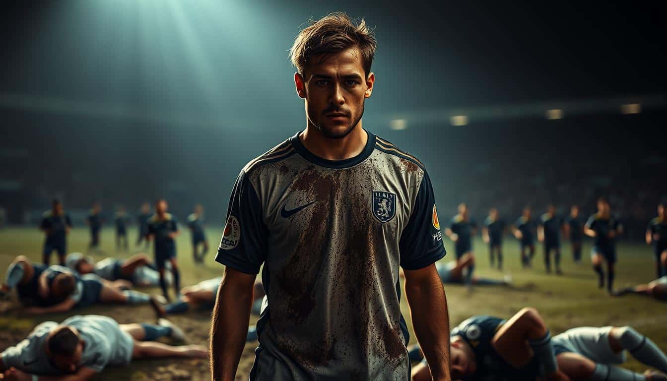 A determined soccer player, their jersey covered in dirt, grit visible in their expression, stands tall amid a field of fallen teammates. Dramatic lighting casts deep shadows, highlighting the player's steely resolve. In the background, the opposing team advances, yet the player remains unflinching, their focus unwavering. The scene conveys a sense of perseverance, a refusal to be deterred by setbacks, and a determination to push forward despite the challenges. Hyper-realistic, cinematic in quality, this image captures the essence of overcoming obstacles on the soccer pitch.