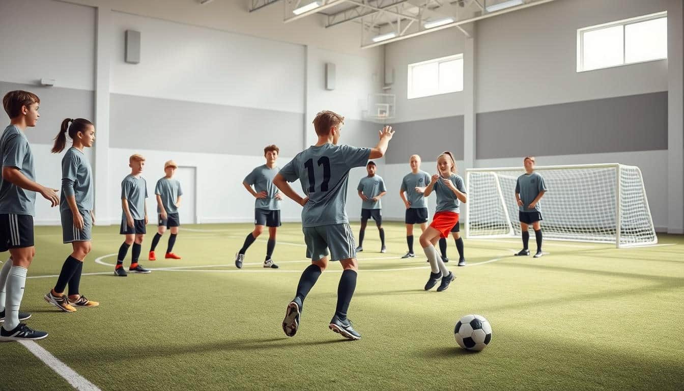 A group of soccer kids gathered in a bright, well-lit gymnasium, engaged in a lively game of reverse charades. In the foreground, two players act out a soccer play, their movements fluid and expressive, as the rest of the team watches intently, trying to decipher the hidden playbook. The middle ground is filled with the energy of the game, with the players' faces lit with excitement and determination. In the background, a clean, minimalist set of soccer goals and other training equipment sets the stage for this team-building exercise. The overall scene is captured in a hyper-realistic, high-resolution photograph, conveying the spirit of collaboration, communication, and camaraderie that is essential for a successful soccer team.
