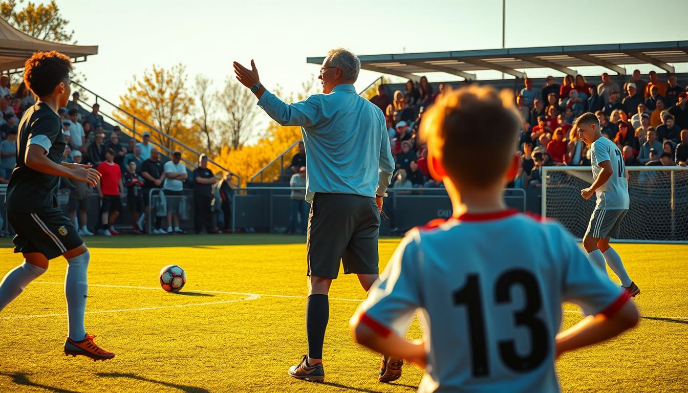 A hyper-realistic photo of a soccer field, with players in the foreground engaged in a game. In the middle ground, a coach is gesturing animatedly, conveying intrinsic motivators like teamwork and personal growth. In the background, spectators watch with enthusiasm, representing extrinsic motivators like recognition and social belonging. The scene is bathed in warm, golden light, creating a sense of energy and camaraderie. The composition emphasizes the interplay between the individual and the team, capturing the essence of utilizing both intrinsic and extrinsic motivators in the sport of soccer.