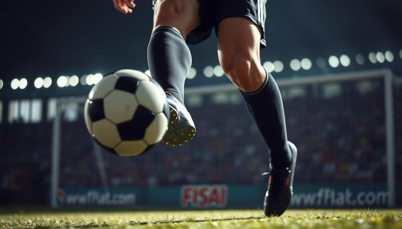 A hyper-realistic photo of a soccer player effortlessly controlling a ball with their first touch. The player's eyes are intensely focused, their body low and balanced, their foot gently caressing the ball as it comes towards them. The scene is captured in a tight, dramatic composition, with the player in the foreground and the blurred backdrop of a soccer field behind them. The lighting is soft and directional, casting subtle shadows that accentuate the player's form and the ball's contours. The overall mood is one of poise, precision, and the mastery of a fundamental soccer skill.