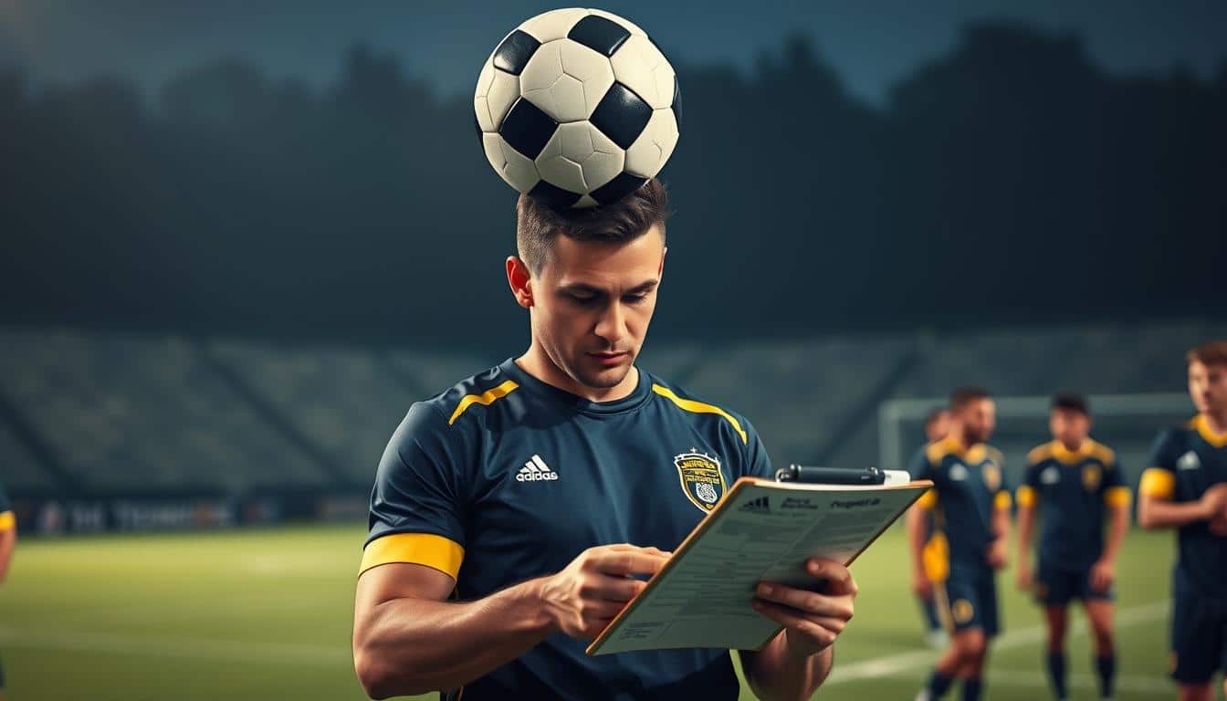 A hyper-realistic photo of a soccer team captain, dressed in their uniform, balancing a soccer ball on their head while carefully reviewing game plans, tactics, and player positions on a clipboard. They stand confidently on a well-lit soccer field, surrounded by their team members, conveying a sense of leadership, focus, and the ability to multitask their on-field and off-field responsibilities. The captain's expression is determined, with a slight furrow of their brow, as they navigate the delicate balance of their duties.