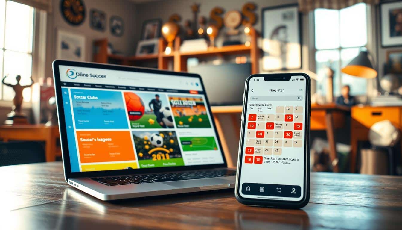 A hyper-realistic photo of online soccer opportunities. In the foreground, a laptop displaying a vibrant web page showcasing various soccer clubs, leagues, and registration links. In the middle ground, a smartphone with a calendar app open, highlighting upcoming soccer tryouts and events. In the background, a busy home office setting with sports memorabilia, trophies, and a cozy atmosphere. Warm, natural lighting illuminates the scene, creating a sense of productivity and inspiration. The overall mood is one of excitement and anticipation, encouraging the viewer to explore the wealth of online resources available for aspiring soccer players.