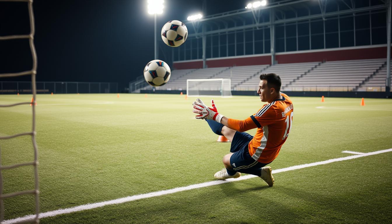 A soccer goalkeeper practices crucial saves and footwork techniques on a well-lit, meticulously maintained training pitch. The goalkeeper is focused and determined, wearing their team's jersey as they dive and leap to catch high-velocity shots. In the background, cones and markers dot the field, indicating the various drills and exercises being performed. The scene is captured with a wide-angle lens, showcasing the goalkeeper's agility and the structured nature of the training session. The overall atmosphere conveys a sense of professionalism, dedication, and the goalkeeper's commitment to honing their skills.