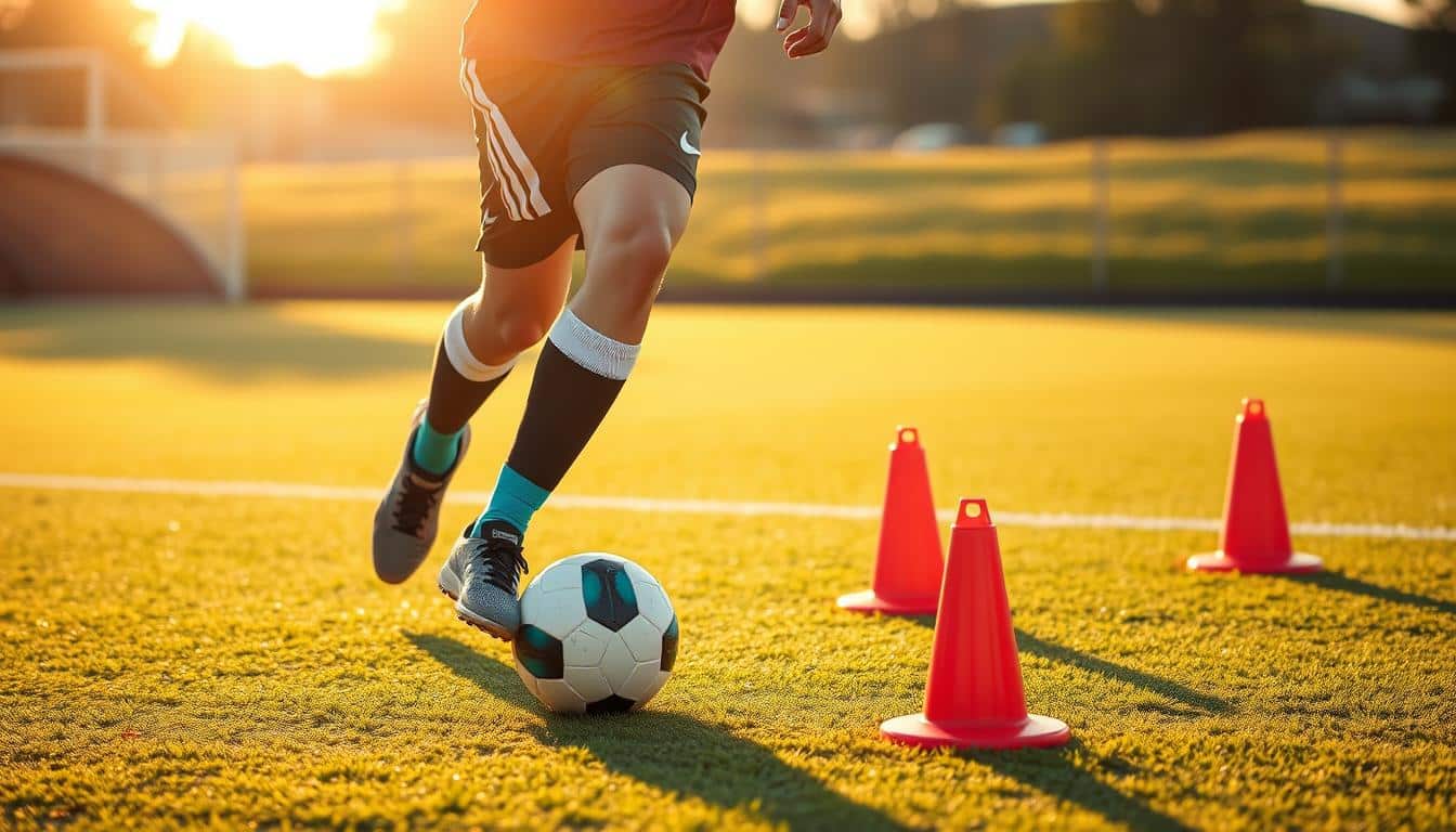 A soccer player expertly navigating through a set of agility cones, their nimble footwork and quick reactions on full display. The player's jersey in the team's colors stands out against the backdrop of a well-manicured soccer pitch, bathed in the warm glow of the late afternoon sun. The cones are spaced out in a dynamic pattern, challenging the player's speed, balance, and coordination. The scene is captured with a high-resolution, hyper-realistic photographic style, showcasing every detail of the player's form and the equipment used.