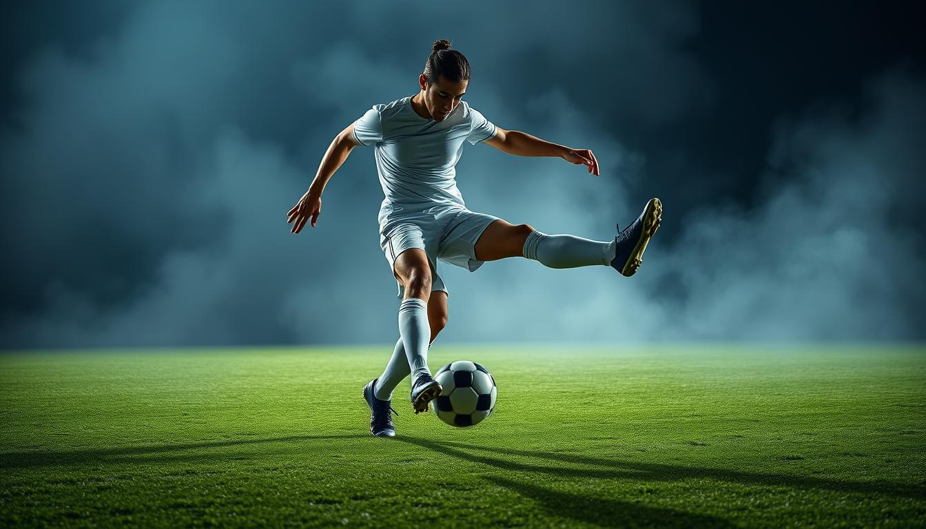 An athlete in a soccer uniform stands on a lush green pitch, legs spread, poised to strike the ball with powerful intent. Focused expression, muscles tensed, the player winds up for a thunderous shot, the ball's trajectory captured in a frozen moment of kinetic energy. Dramatic lighting casts dramatic shadows, highlighting the power and precision of the technique. The background blurs into a hazy, dreamlike field, emphasizing the player's singular, hyper-realistic form.