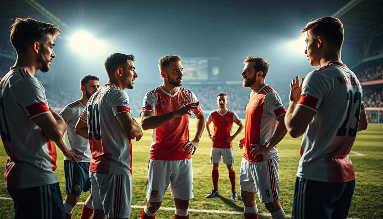 Soccer players engaged in animated discussion, their body language and hand gestures conveying intense communication. A wide-angle shot captures the midfield, with players in dynamic poses, emphasizing the importance of clear, effective dialogue on the pitch. Vibrant lighting from the stadium illuminates the scene, casting dramatic shadows that accentuate the players' movements. The image exudes a sense of teamwork and camaraderie, highlighting the critical role of communication in resolving conflicts and achieving success on the soccer field.