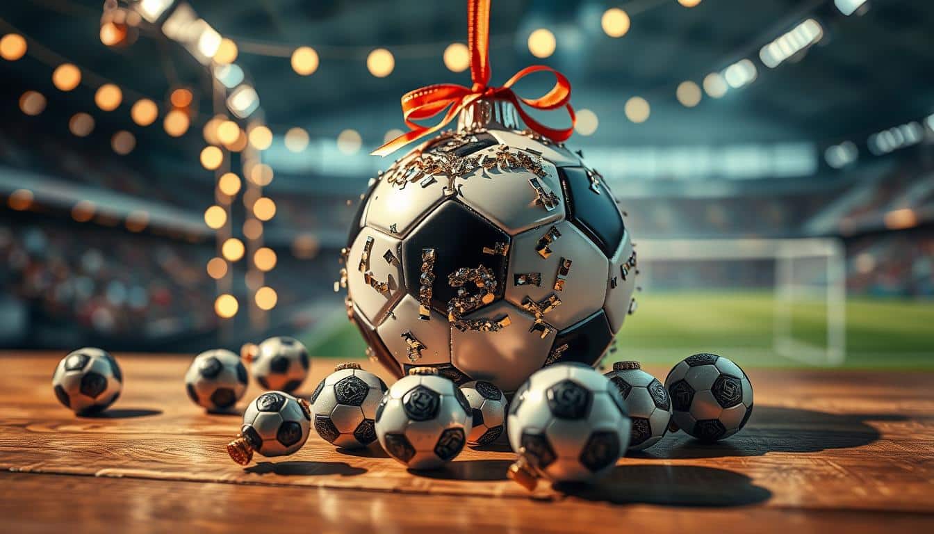 a hyper-realistic photo of soccer ball decorations, including a central soccer ball-shaped ornament adorned with shiny metallic accents, glittering confetti, and ribbons in team colors. In the foreground, several smaller soccer ball-shaped ornaments with intricate patterns are scattered on a wooden surface, casting soft shadows. The middle ground features elegant string lights that create a warm, festive atmosphere, while the background showcases a blurred, out-of-focus setting that suggests a sports arena or stadium. The lighting is soft and diffused, lending a celebratory and joyful ambiance to the scene.