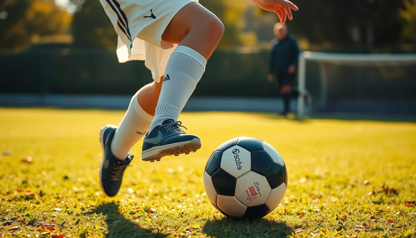 A dynamic soccer player deftly maneuvering the ball, showcasing agility, balance, and coordination. Set against a vibrant, sun-dappled field, the athlete's movements are captured in sharp, high-resolution detail. Warm, natural lighting bathes the scene, casting dynamic shadows and highlights that accentuate the player's agile form. The camera's wide-angle lens captures the player's full range of motion, allowing the viewer to appreciate the fluid grace and athleticism on display. The overall atmosphere conveys the excitement and energy of the sport, inspiring a sense of awe and admiration for the skills required to excel on the soccer pitch.