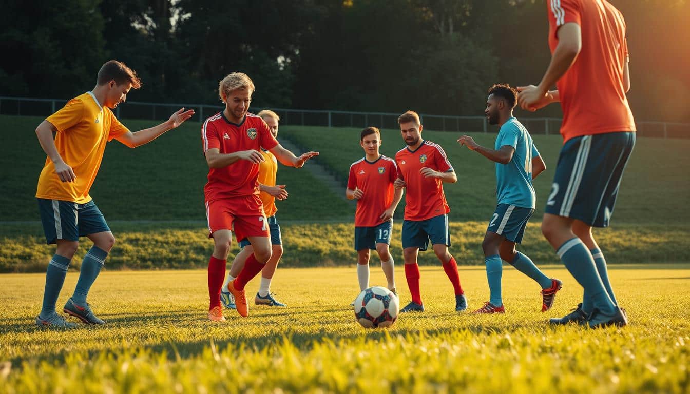 A group of soccer players intensely engaged in team communication drills, set against a lush, verdant soccer field. The players, in their vibrant team uniforms, are carefully coordinating passing, positioning, and strategic hand signals, their expressions focused and determined. The scene is bathed in warm, golden sunlight, casting long shadows and creating a sense of depth and drama. The camera angle is low, capturing the dynamic movement and energy of the drill from an immersive, ground-level perspective. Hyper-realistic details bring the players' facial expressions, the texture of their jerseys, and the lush blades of grass to life, creating a vivid and engaging image that showcases the importance of effective communication and teamwork in soccer.