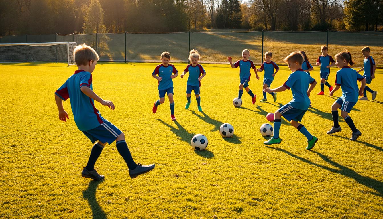 A group of young soccer players actively engaged in a dynamic warm-up drill on a well-lit, grassy field. In the foreground, two players perform lateral shuffle steps, their feet moving quickly and their bodies angled to change direction. In the middle ground, another pair of players execute quick zig-zag dribbles, weaving between cones with precision. In the background, the rest of the team follows suit, their movements synchronized as they prepare their muscles and minds for the upcoming practice session. The natural lighting casts a warm, golden glow across the scene, captured in vivid 8K resolution with high dynamic range for maximum clarity and detail.