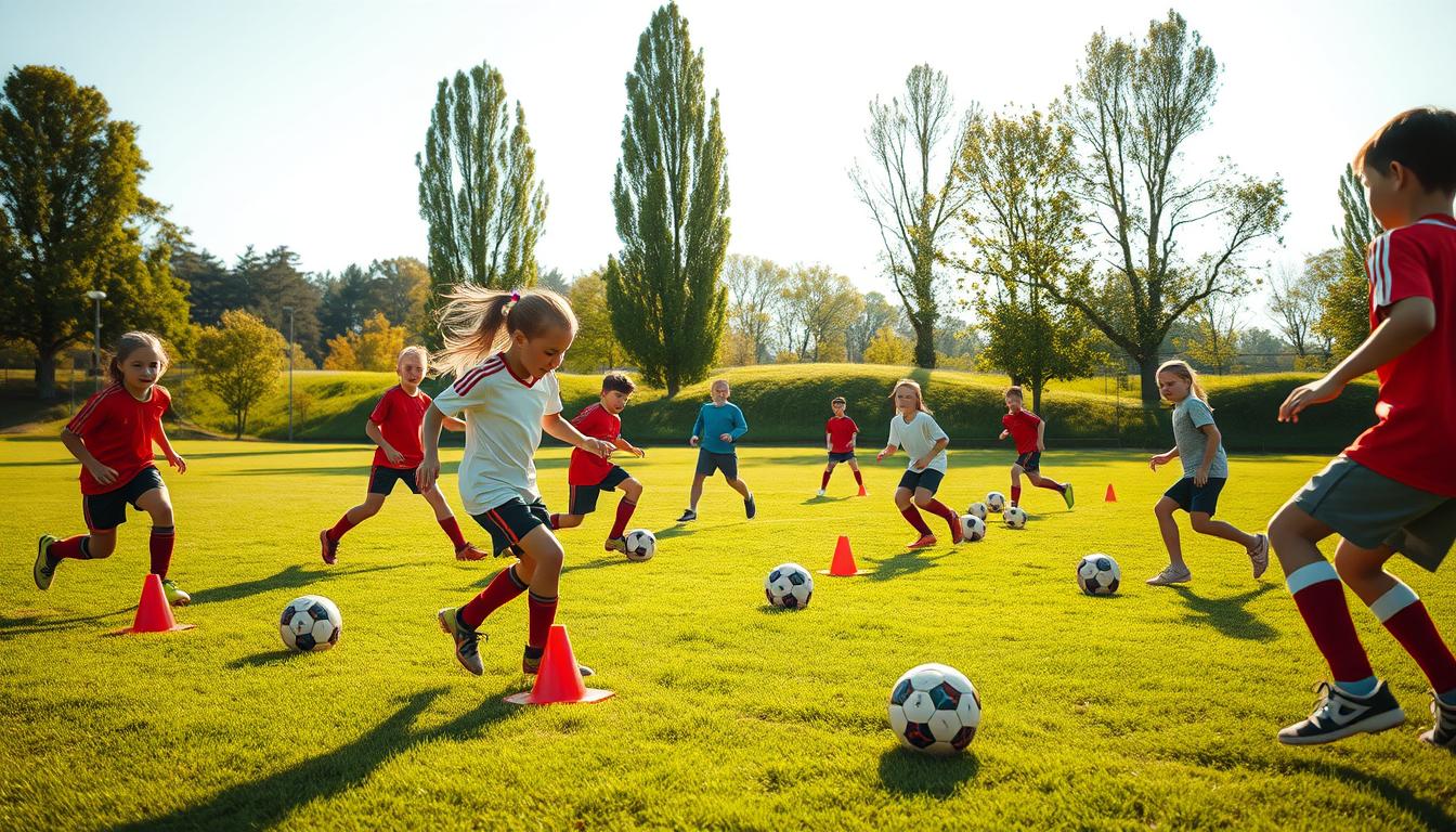A group of young soccer players enthusiastically engaging in ball drills on a lush, verdant soccer pitch, under the warm glow of natural lighting captured in high-definition 8K HDR photography. The foreground features players deftly maneuvering the ball through cones, weaving and dribbling with focus and determination. In the middle ground, others practice passing and trapping the ball, their movements fluid and precise. The background showcases the vibrant green field, surrounded by towering trees and a clear, azure sky, creating a serene and energetic atmosphere. The scene conveys the joy and discipline of core fitness training with the soccer ball, as players build both skill and stamina.