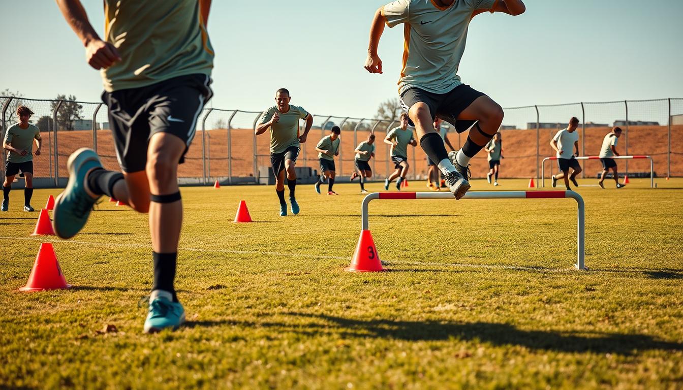 A hyper-realistic photo of a group of soccer players performing dynamic agility drills on a grass field. The foreground features two players weaving through a line of cones, their bodies in fluid motion, showcasing their quick footwork and balance. In the middle ground, another player leaps over a low hurdle, their limbs extended with precise control. In the background, the rest of the team is engaged in various drills, such as shuttle runs and ladder drills, all captured with a shallow depth of field to emphasize the action in the foreground. The scene is illuminated by warm, natural lighting, casting long shadows and highlighting the players' intense focus and athleticism.