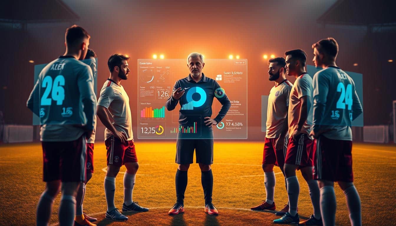 A hyper-realistic soccer pitch, dimly lit with warm hues, showcases a group of players gathered around a holographic display. Vibrant data visualizations highlight key performance metrics, guiding the team's discussion on actionable improvement goals. The coach, standing at the center, gestures towards the projected analytics, as the players intently study the insights, their faces illuminated by the digital interface. The atmosphere is one of thoughtful contemplation, with the players determined to translate these data-driven revelations into tangible strategies for their next match.