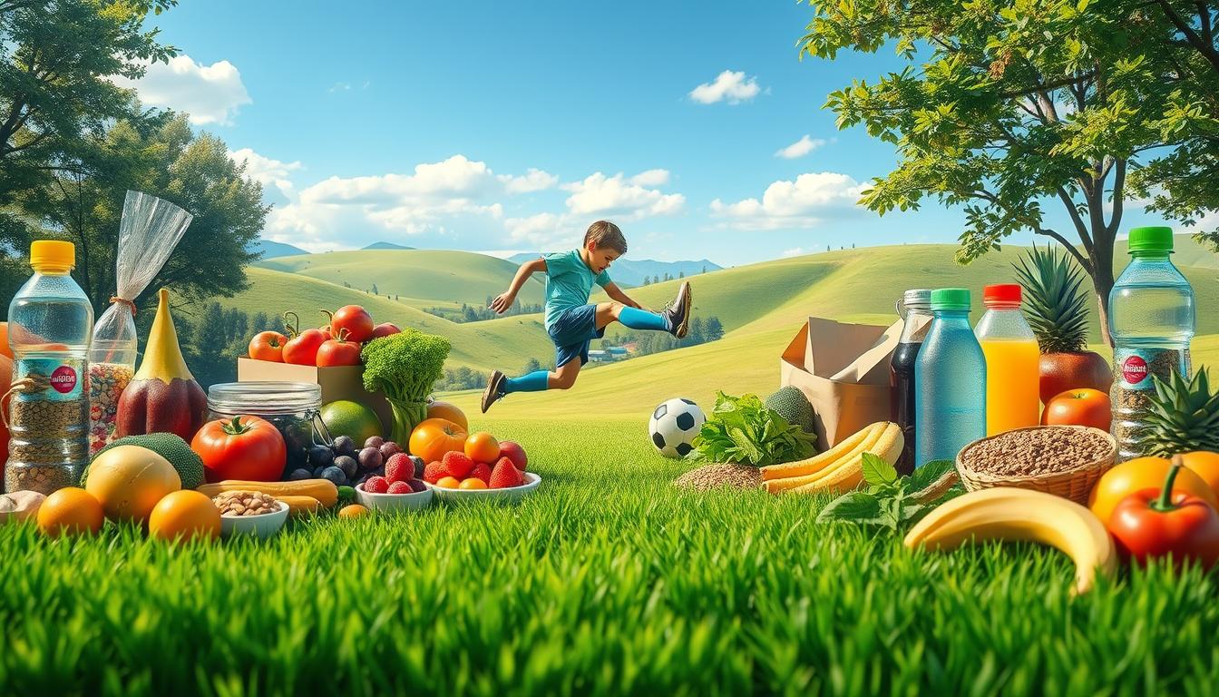 A vibrant and detailed illustration of the fundamentals of nutrition and hydration for young soccer players. In the foreground, an array of healthy foods and beverages including fresh fruits, vegetables, whole grains, and water bottles, all arranged in a visually appealing manner. The middle ground features a young soccer player in a dynamic kicking pose, demonstrating the importance of proper fueling for athletic performance. The background showcases a lush, natural landscape with rolling hills and a clear, blue sky, creating a serene and energizing atmosphere. The lighting is soft and diffused, capturing the scene in natural HDR. The overall composition conveys the message of how sound nutrition and hydration can support the training and play of young soccer athletes.