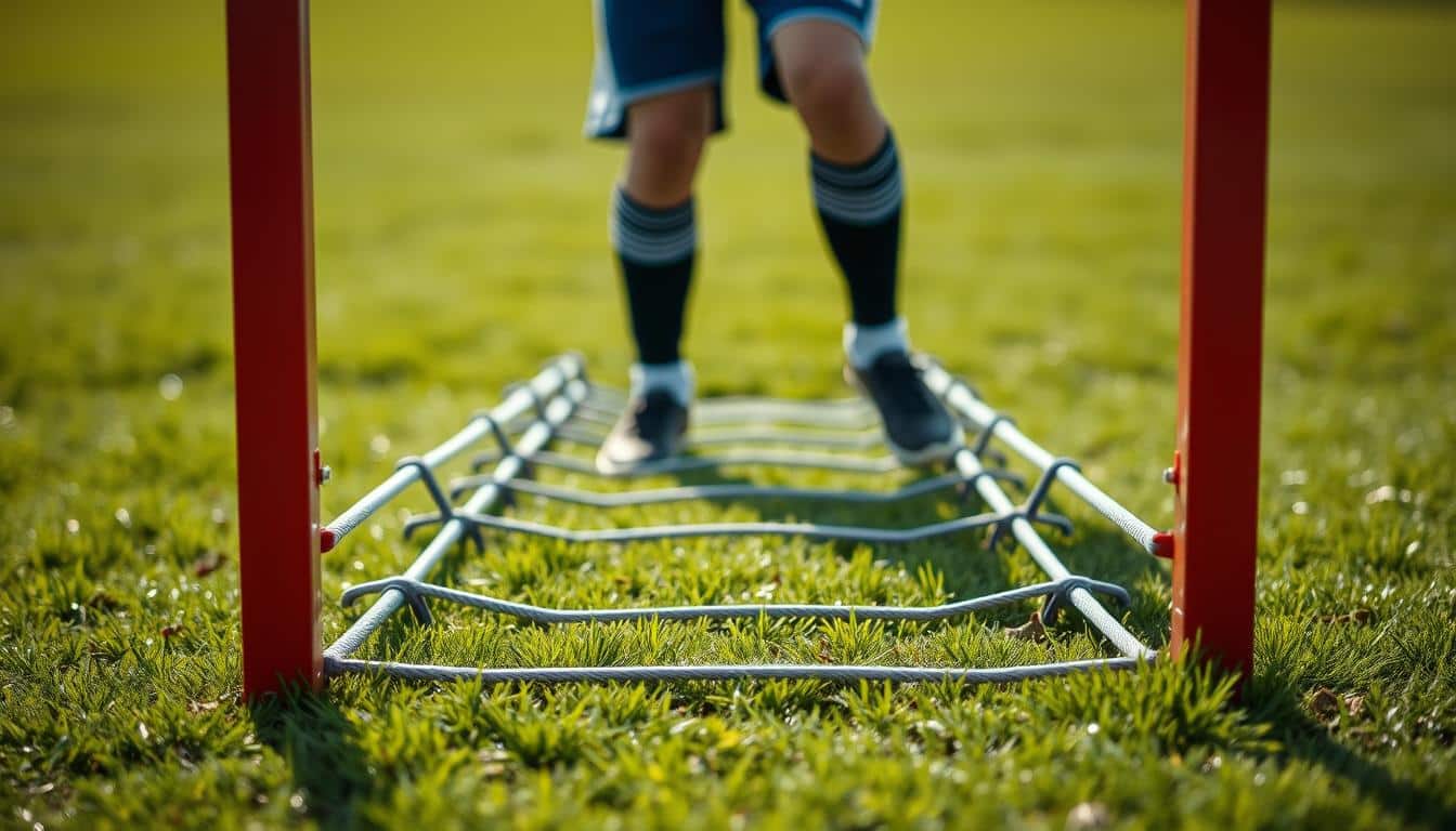 A well-lit, natural photography scene in 8k HDR, capturing an agility ladder set up on a grassy field. The ladder's rungs are spaced evenly, creating a clean, geometric pattern that draws the eye. The foreground shows the ladder in crisp detail, with blades of grass visible between the rungs. In the middle ground, a young soccer player stands ready, their feet poised to dart through the ladder's patterns. The background is slightly blurred, revealing a lush, verdant field stretching out behind the player, creating a sense of depth and movement.
