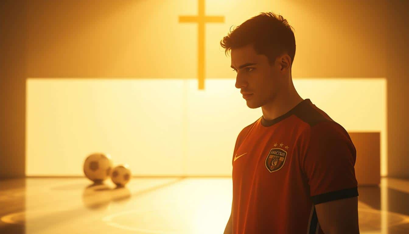 Ritual effectiveness assessment: A meticulously staged scene, capturing the concentrated focus and introspective study of a soccer player as they assess the impact and efficacy of their pre-game rituals. Bathed in warm, golden light, the player stands amidst a minimalist, reflective space, surrounded by abstract shapes and geometric patterns that evoke a sense of ritualistic symbolism. The composition emphasizes the player's intense gaze, their body language conveying a deep contemplation of the subtle nuances and intangible benefits of their preparatory routines. The overall atmosphere is one of reverence, precision, and a profound understanding of the psychological and spiritual dimensions of athletic performance.