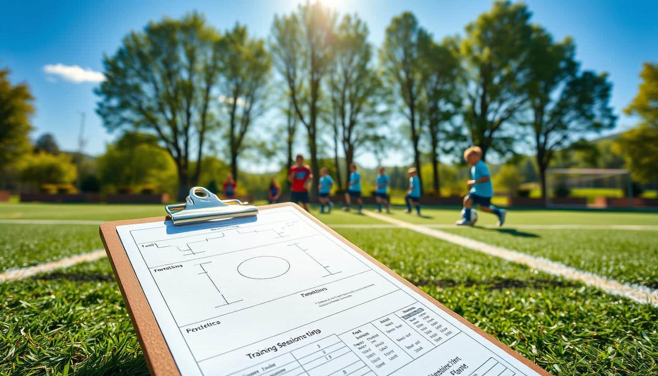 Vibrant, sun-drenched soccer field with a crisp, clean training session plan laid out on a clipboard. In the foreground, the plan features meticulously detailed drills, formations, and practice schedules for young players. The middle ground showcases a group of enthusiastic kids engaged in dynamic warm-up exercises, their expressions filled with focus and determination. In the background, verdant trees and a clear blue sky create a serene, inspiring atmosphere, evoking the spirit of endurance and teamwork essential for young soccer players. The scene is captured through the lens of a high-quality camera, rendering the image in stunning 8K HDR resolution.