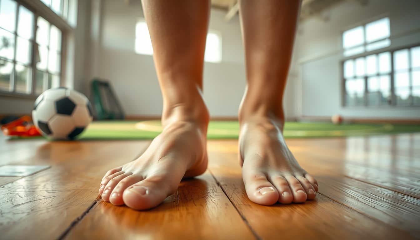 a pair of human feet on a wooden floor, toes wiggling and stretching, warm-up exercises before a soccer practice, natural lighting from large windows creates a soft, diffused glow, high-resolution 8k HDR photography captures every detail of skin texture and muscle movement, the feet are the primary focus, filling the frame, with a blurred background of a soccer ball and other training equipment, a sense of anticipation and preparation for the upcoming session