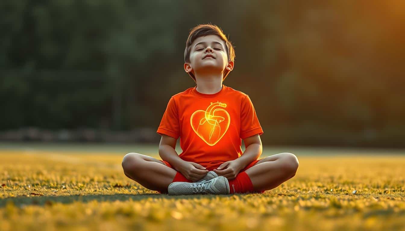 a young person sitting cross-legged on the ground, eyes closed, hands resting on their knees, with a glowing, beating heart emerging from their chest, radiating warm light, representing the breathing and heart-rate control during a cool-down exercise, natural photography in 8k, hdr