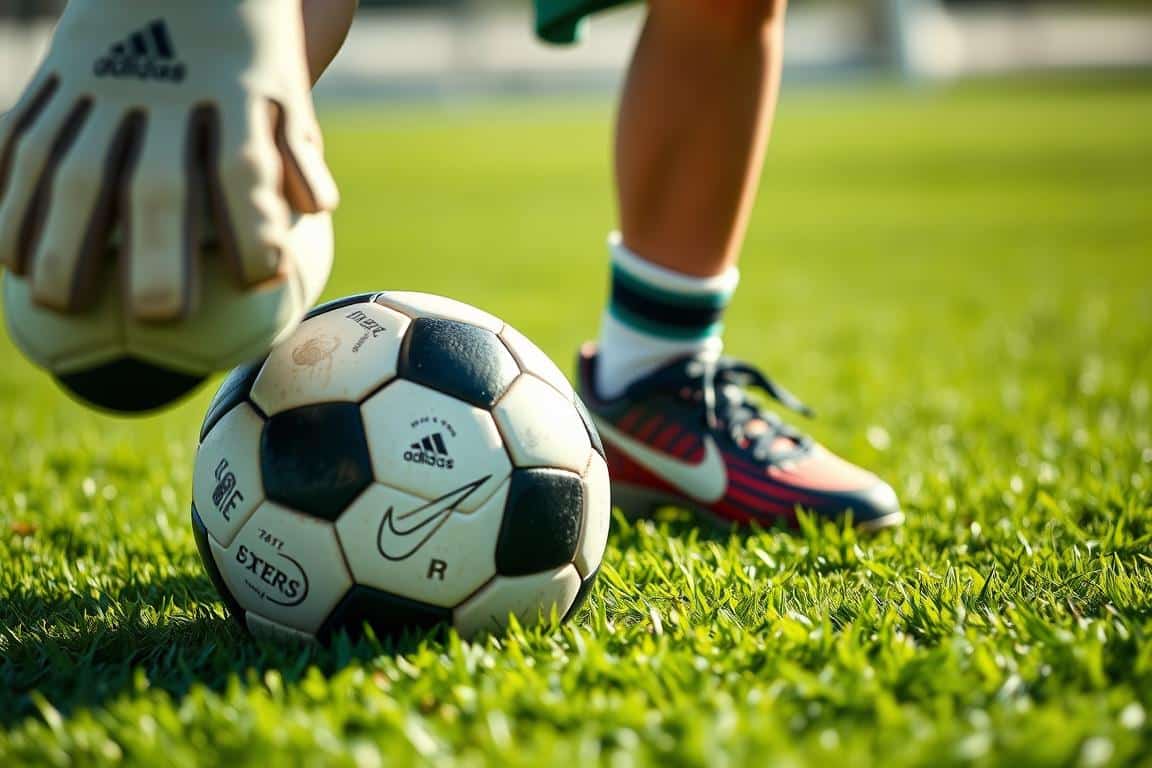A close-up view of a young goalkeeper's feet, clad in cleats, as they control a soccer ball on a lush, green field. The lighting is soft and natural, casting gentle shadows that accentuate the movement and technique. The background is blurred, with a sense of a safe, inviting play environment. The child's expression is one of focus and joy, embodying the spirit of developing skills and building confidence from the ground up.