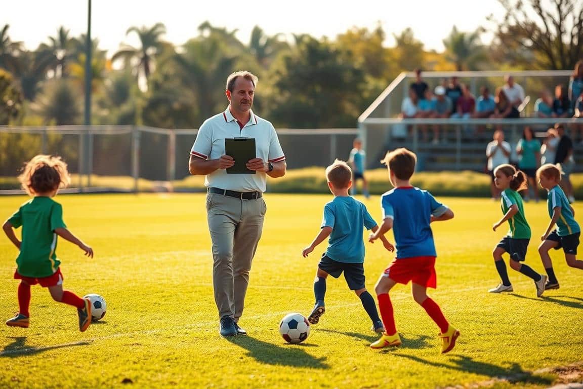 A college coach stands confidently on the sideline, clipboard in hand, observing the soccer match with a keen eye. The field is lush and verdant, bathed in the warm glow of the afternoon sun. In the foreground, a group of young players engage in a dynamic training drill, their movements fluid and coordinated. The middle ground features the college coach, dressed in a crisp polo shirt and khaki pants, his expression a mix of focus and encouragement. In the background, parents and spectators watch from the sidelines, their faces filled with pride and anticipation. The overall atmosphere is one of camaraderie, professionalism, and the excitement of the college soccer showcase.