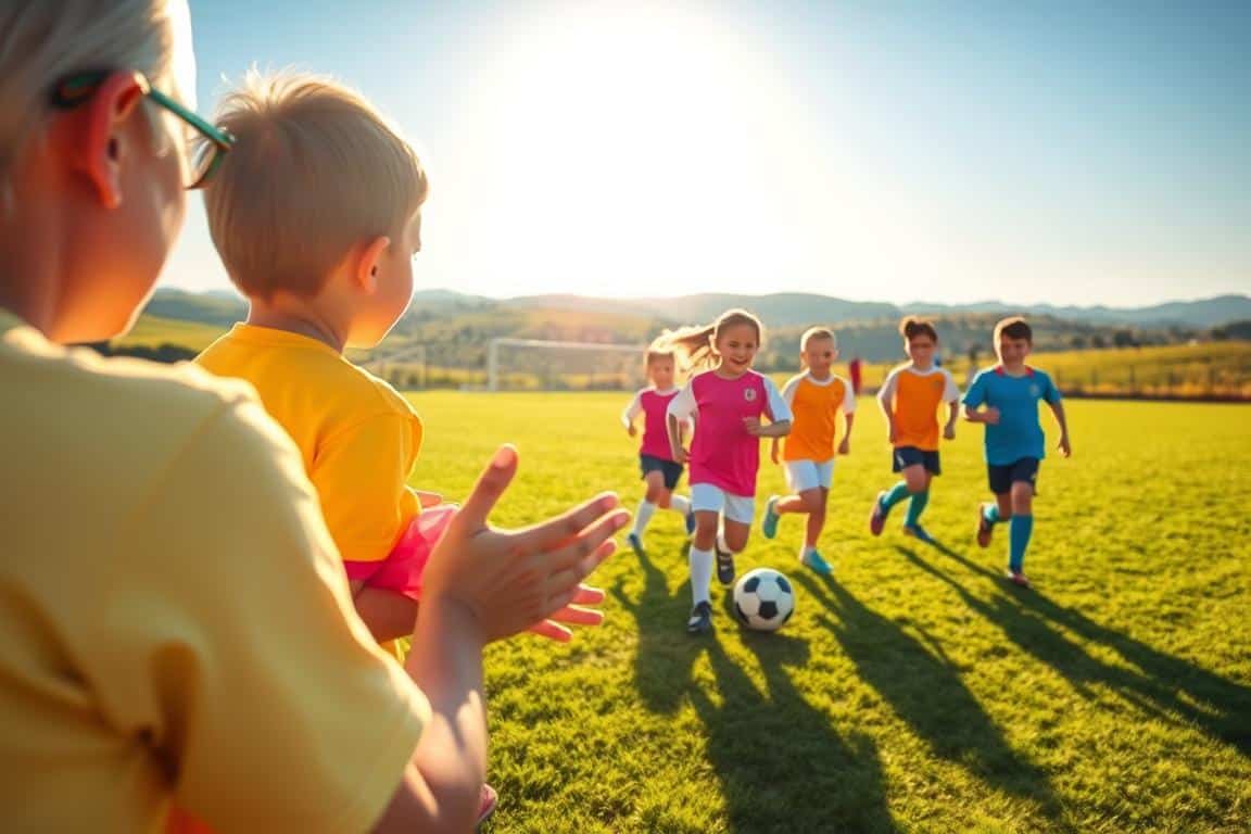 A group of young soccer players eagerly await the start of the game, their faces aglow with excitement. The sun casts a warm, golden light across the lush green field, creating a serene and inviting atmosphere. In the foreground, a parent cheers on their child, offering encouragement and support. The middle ground features the players, their uniforms in vibrant hues, moving with grace and determination. In the background, a picturesque landscape of rolling hills and a clear blue sky sets the perfect scene for this special day. The mood is one of camaraderie, pride, and the pure joy of the sport. A group of young soccer players eagerly await the start of the game, their faces aglow with excitement. The sun casts a warm, golden light across the lush green field, creating a serene and inviting atmosphere. In the foreground, a parent cheers on their child, offering encouragement and support. The middle ground features the players, their uniforms in vibrant hues, moving with grace and determination. In the background, a picturesque landscape of rolling hills and a clear blue sky sets the perfect scene for this special day. The mood is one of camaraderie, pride, and the pure joy of the sport.