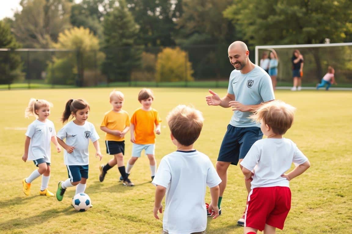 A group of young soccer players enthusiastically practicing drills under the watchful eye of their encouraging coach on a lush, well-maintained field. The coach, with a warm smile, provides hands-on guidance and feedback, fostering a positive, supportive atmosphere. Soft, natural lighting bathes the scene, capturing the camaraderie and sense of teamwork. In the background, parents observe from the sidelines, their expressions filled with pride and excitement as they witness their children's growth and development on the pitch.