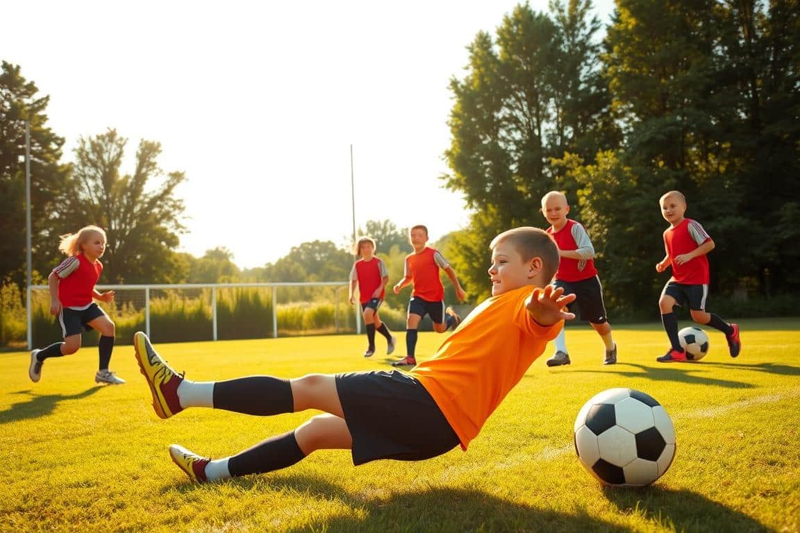 A group of young soccer players enthusiastically practicing goal-keeping drills on a well-manicured field, bathed in warm afternoon sunlight. In the foreground, a goalkeeper in training gear makes a diving save, their expression focused and determined. In the middle ground, their teammates pass the ball and practice footwork, their faces alight with joy and camaraderie. The background features lush greenery and a clear sky, creating a peaceful, nurturing atmosphere conducive to skill development and confidence building. The scene conveys a sense of youthful energy, teamwork, and the joy of the beautiful game.