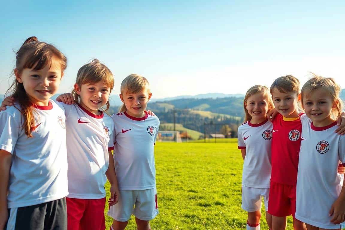 A group of young soccer players, ranging in age from 8 to 12, standing together on a lush, green field. The mood is one of camaraderie and support, with the children's faces adorned with soft, gentle smiles. Warm, diffused lighting bathes the scene, creating a serene and welcoming atmosphere. In the background, a picturesque landscape unfolds, with rolling hills and a clear, blue sky. The composition emphasizes the importance of teamwork and the joy of the game, capturing the essence of the "make team" experience.