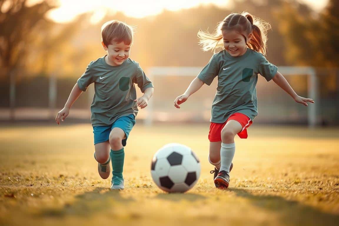 A peaceful soccer field bathed in warm, gentle light. Two young children, faces bright with joy, engage in a friendly game, passing the ball with effortless grace. The scene exudes a sense of carefree playfulness, unencumbered by competitive pressure. The soft, muted tones of the environment create a nurturing, supportive atmosphere, encouraging the children to immerse themselves in the pure pleasure of the sport. Blurred backgrounds and a shallow depth of field focus the viewer's attention on the children's expressions, conveying the essence of "support without pressure" that fosters a love for the game.